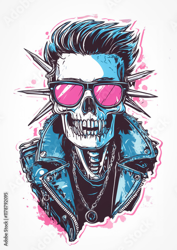 A fierce punk skull with a leather jacket, exaggerated spiked hair, and hot pink sunglasses, detailed in comic-style ink strokes with vibrant color splashes for a street-art feel. photo