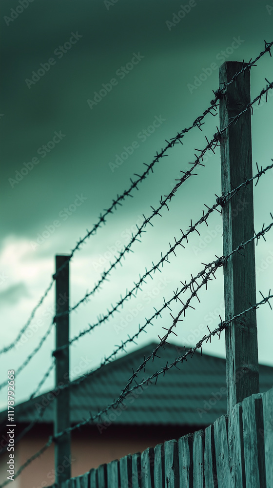 Barbed wire silhouettes under ominous green clouds communicate a sense of confinement and tension amidst an impending storm.
Barbed wire silhouettes under ominous green clouds communicate a sense of confinement and tension amidst an impending storm.