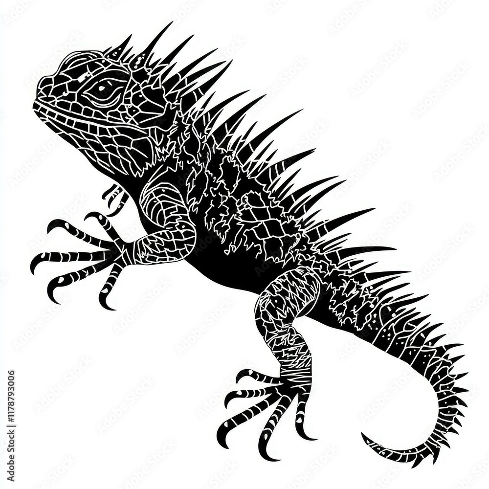 Fototapeta premium Intense Black and White Iguana Silhouette: A Dramatic Wildlife Illustration