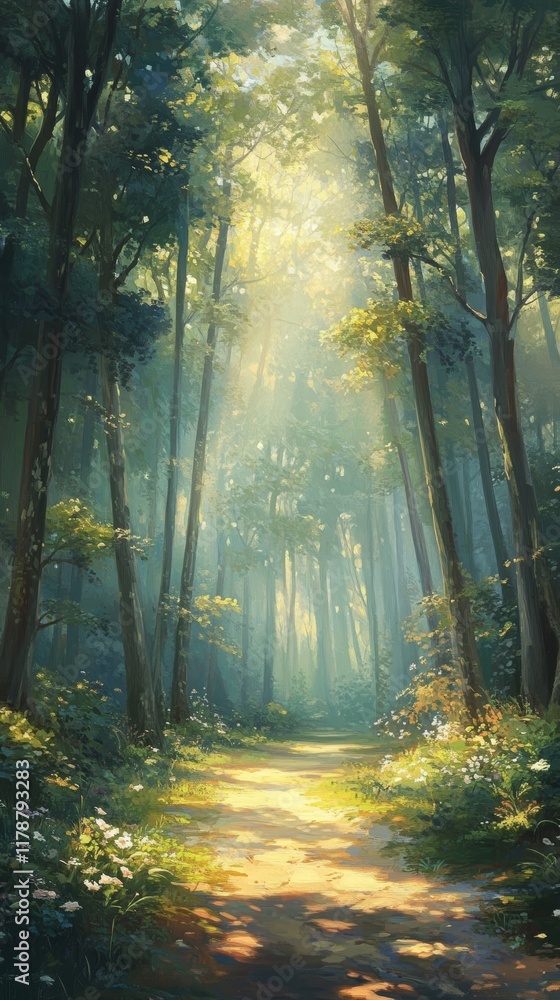 Fototapeta premium A sunlit path winds through a lush forest, surrounded by tall trees and vibrant greenery, creating a serene and tranquil atmosphere.