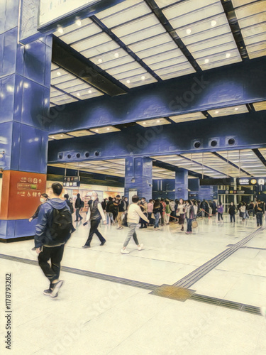  A colored pencil illustration featuring a busy station in a city.