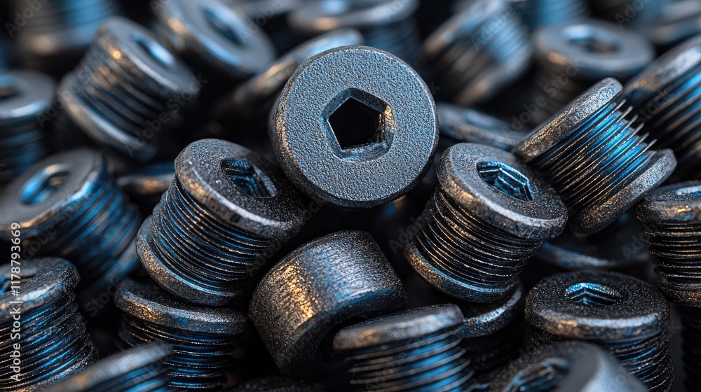 Close-up of many dark gray metal threaded circular parts, focused on one central piece, with a textured background. Close-up of many dark gray metal threaded circular parts, focused on one central piece, with a textured background.