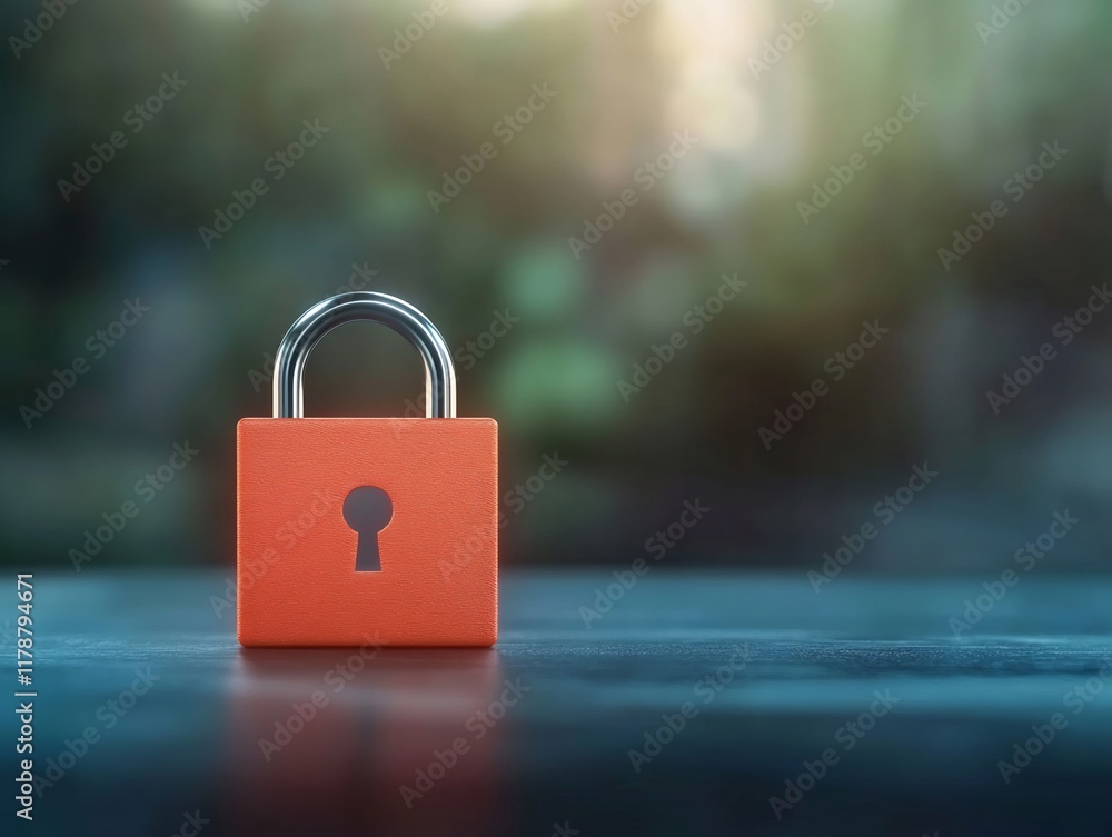 Fototapeta premium Close-up Photo: Secure Orange Padlock Resting Serenely Outdoors. AI Generated