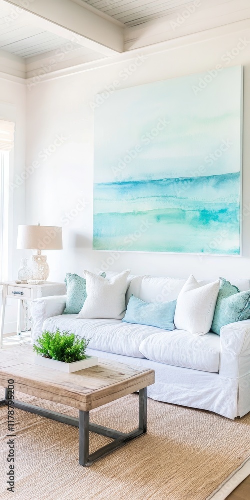 Fototapeta premium A white couch with blue pillows sits in front of a coffee table. A painting of the ocean hangs on the wall above the couch