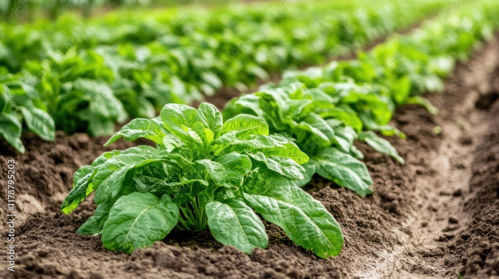 Lush green spinach plants growing in well-tended soil rows on a farm. Lush green spinach plants growing in well-tended soil rows on a farm.