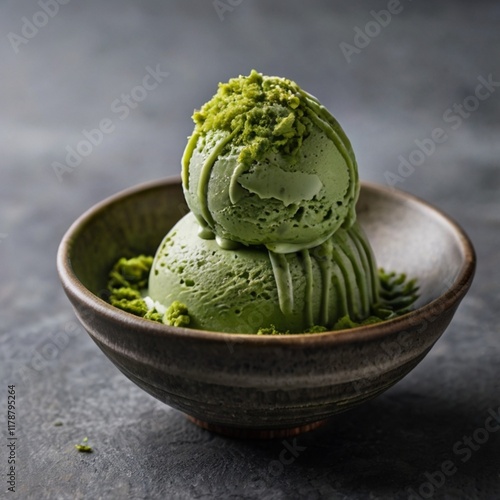 Matcha ice cream scoops with topping in a ceramic bowl. 