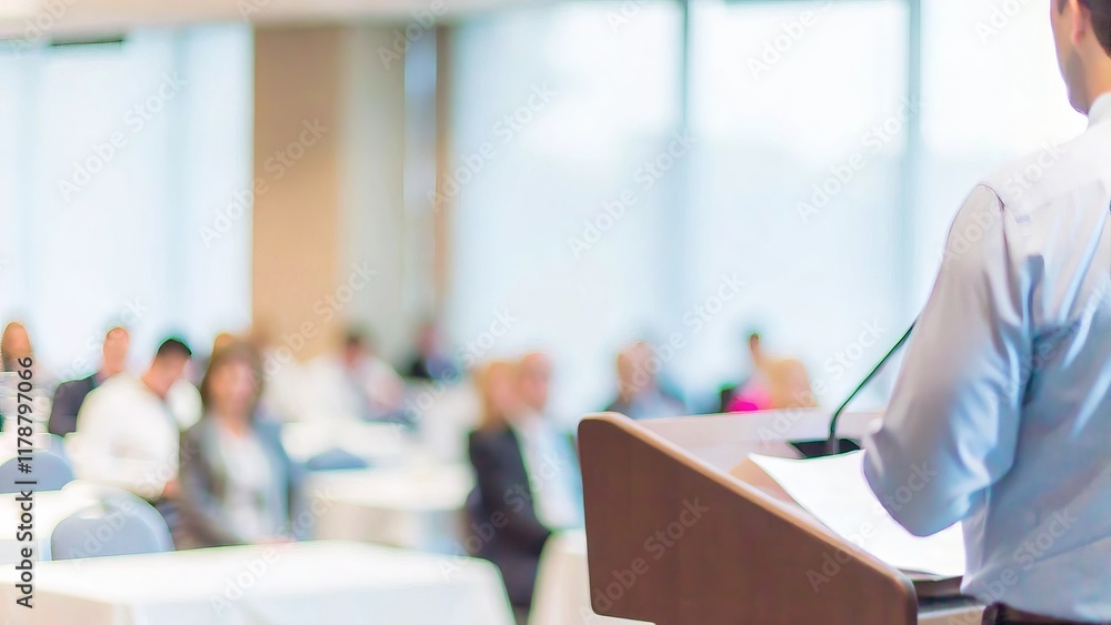 Business Event Speaker Focus – A business speaker addressing a conference room with a blurred audience.
Business Event Speaker Focus – A business speaker addressing a conference room with a blurred audience.