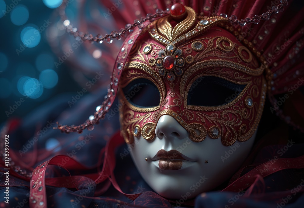 Ornate red and gold carnival mask with jewels and ribbons. Ornate red and gold carnival mask with jewels and ribbons.