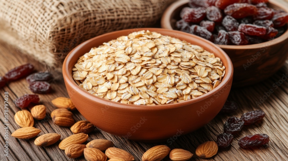 Close-up of oats in a ceramic bowl, surrounded by nuts and dried fruits on a wooden table, creating a wholesome breakfast scene Close-up of oats in a ceramic bowl, surrounded by nuts and dried fruits on a wooden table, creating a wholesome breakfast scene