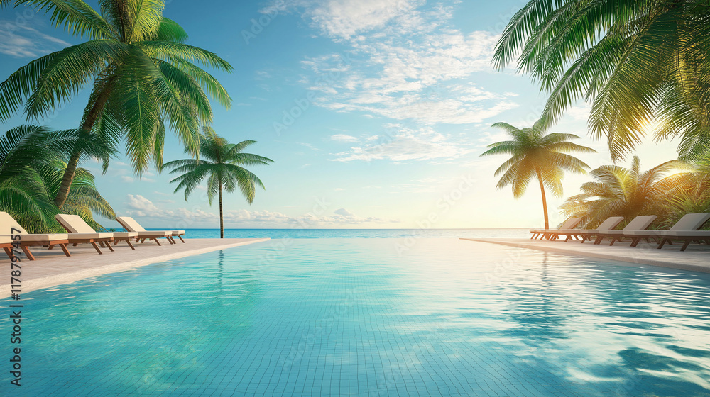 serene infinity pool with palm trees overlooking the ocean for tropical vacation and luxury resort promotions. Copy space serene infinity pool with palm trees overlooking the ocean for tropical vacation and luxury resort promotions. Copy space