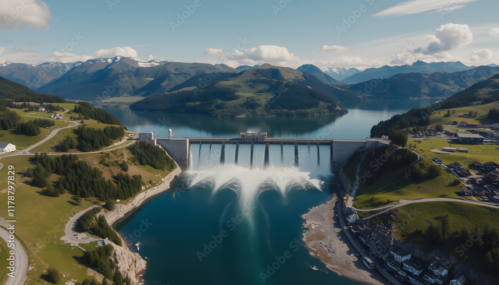 Obraz premium Hydroelectric Dam Releasing Water in Mountain Valley: Clean Energy