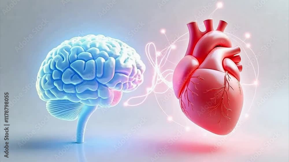 3D rendered human brain and heart, Brain-heart axis, connection between ...