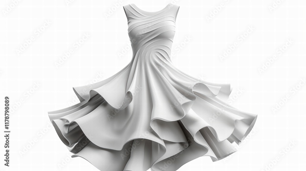 3D clothing design of a modern asymmetrical dress with flowing fabric detailed folds and soft textures on a white background 3D clothing design of a modern asymmetrical dress with flowing fabric detailed folds and soft textures on a white background