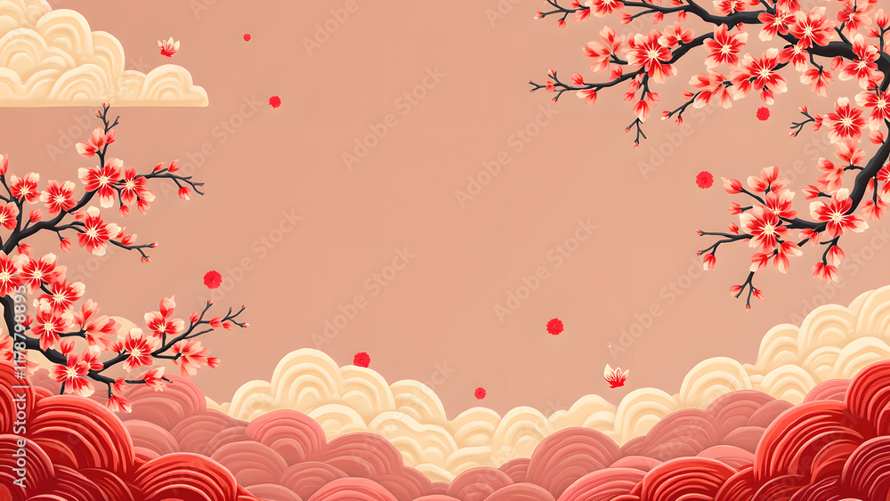 Chinese New Year Background with Cherry Blossoms and Clouds. Concept of Spring, Celebration, and Tradition. Chinese New Year Background with Cherry Blossoms and Clouds. Concept of Spring, Celebration, and Tradition.
