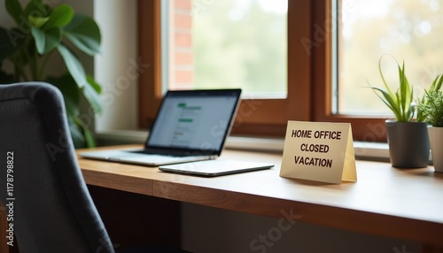 Wallpaper Mural A small studio apartment workspace with a note on the desk: HOME OFFICE CLOSED FOR VACATION. Torontodigital.ca
