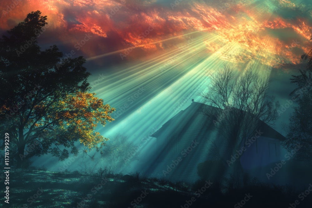 Mystical Light Beam Illuminates Surreal Landscape with Glow Effects Mystical Light Beam Illuminates Surreal Landscape with Glow Effects