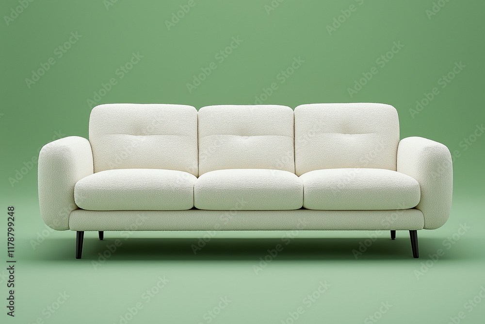 Obraz premium A front view of a white fabric, three-seater sofa with black legs against a green background. The lighting is soft, creating a simple and elegant style. This high-resolution produc