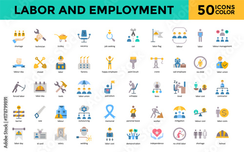 Labor and Employment icon set with shortage, technician, trolley, vacancy, job seeking, cut, labor flag, labour, labor, labour management icon. Simple flat color vector 
