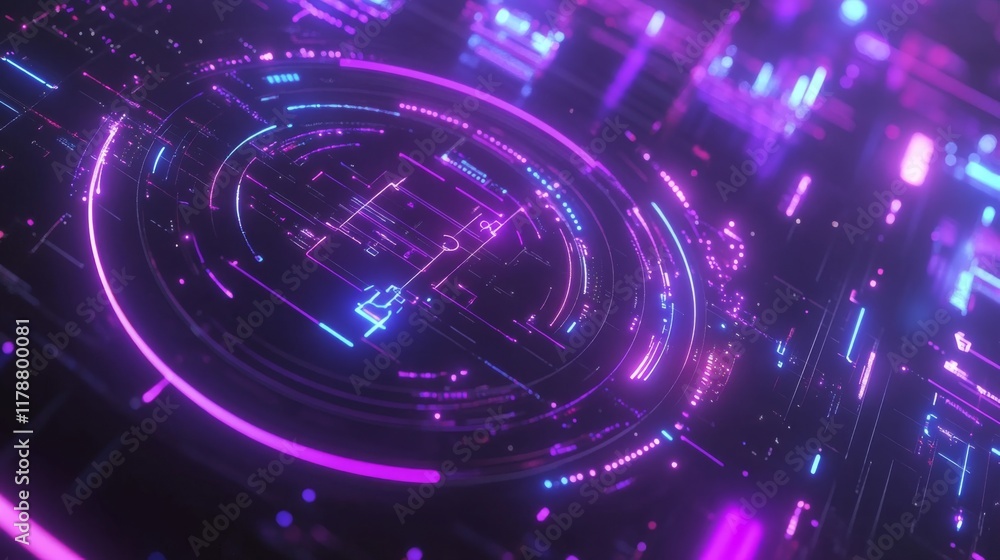 Obraz premium Futuristic radar-style circular graphic with bright neon lines and rotating elements on a dark tech-inspired background