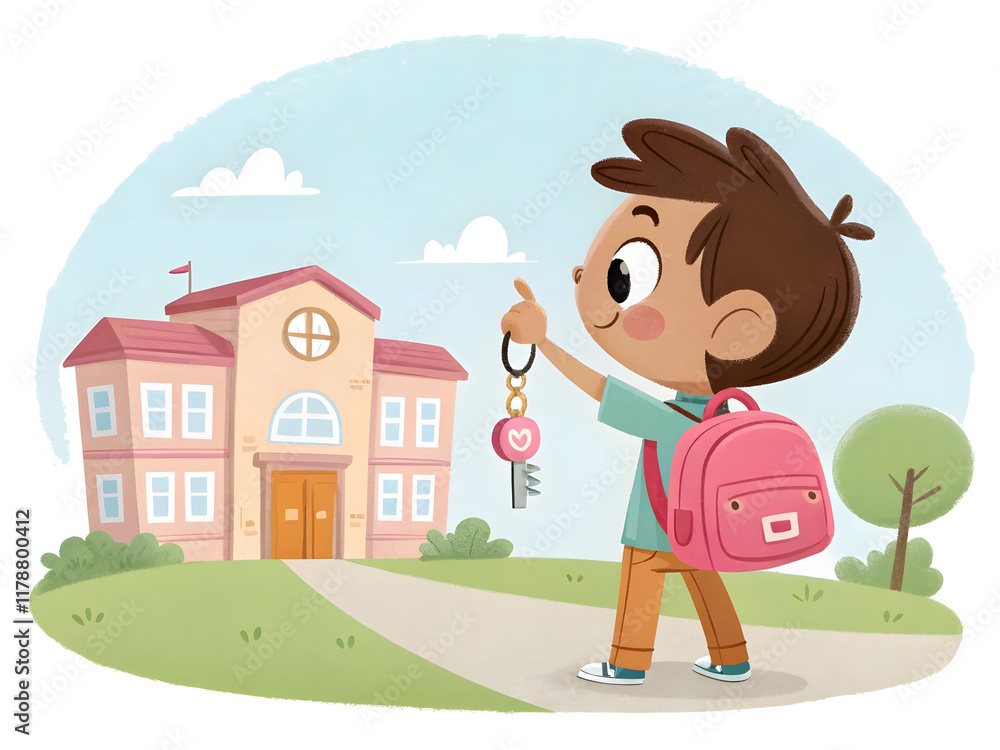 child standing looking at school On the first day of studying with a happy face child standing looking at school On the first day of studying with a happy face