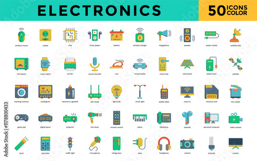 Electronics icon set with wireless mouse, socket, chip, music player, battery, wireless charger, megaphone, speaker, power socket, satellite dish icon. Simple flat color vector 
