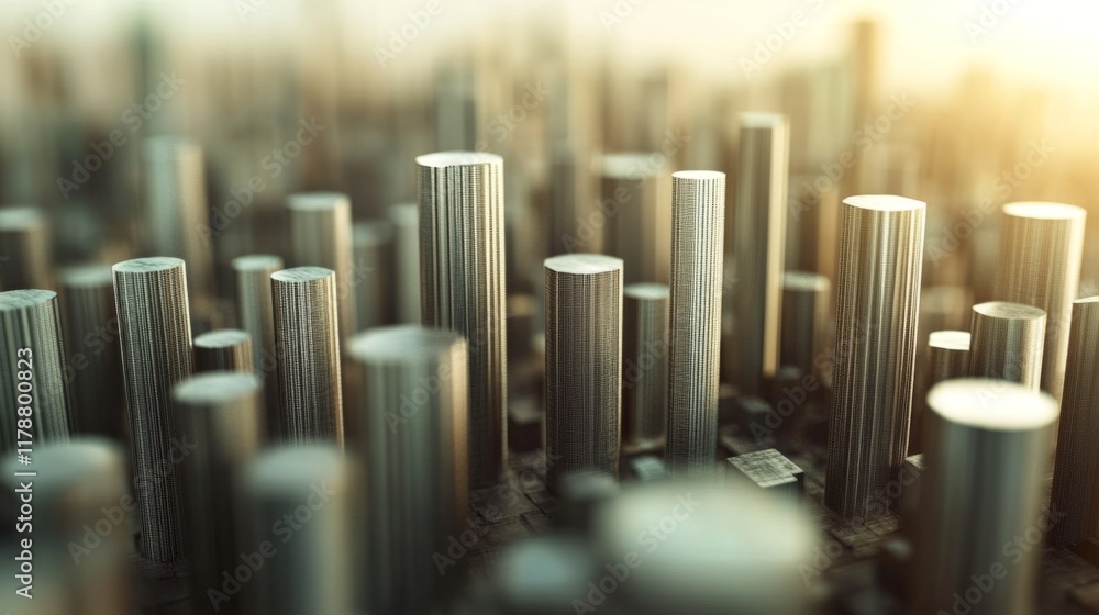 Group of metallic D bars of varying heights on a digital grid, with shadows adding depth against a light background Group of metallic D bars of varying heights on a digital grid, with shadows adding depth against a light background