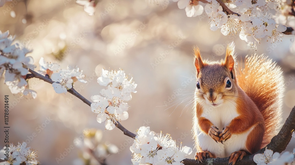 Squirrel on branch taking in beautiful spring blossoms Squirrel on branch taking in beautiful spring blossoms