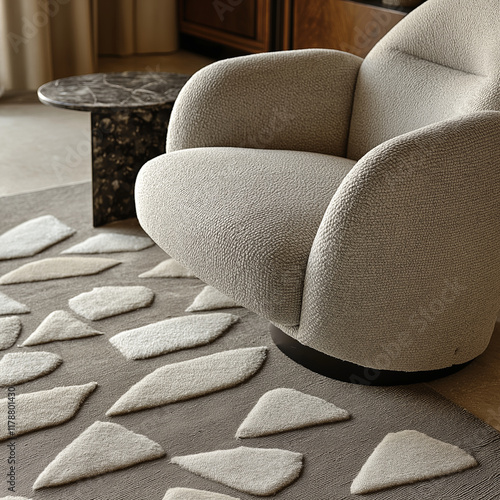 A high-quality, detailed close-up of an elegant rug with geometric patterns in neutral tones like grey and beige. The pattern includes diamond shapes that create depth and texture photo