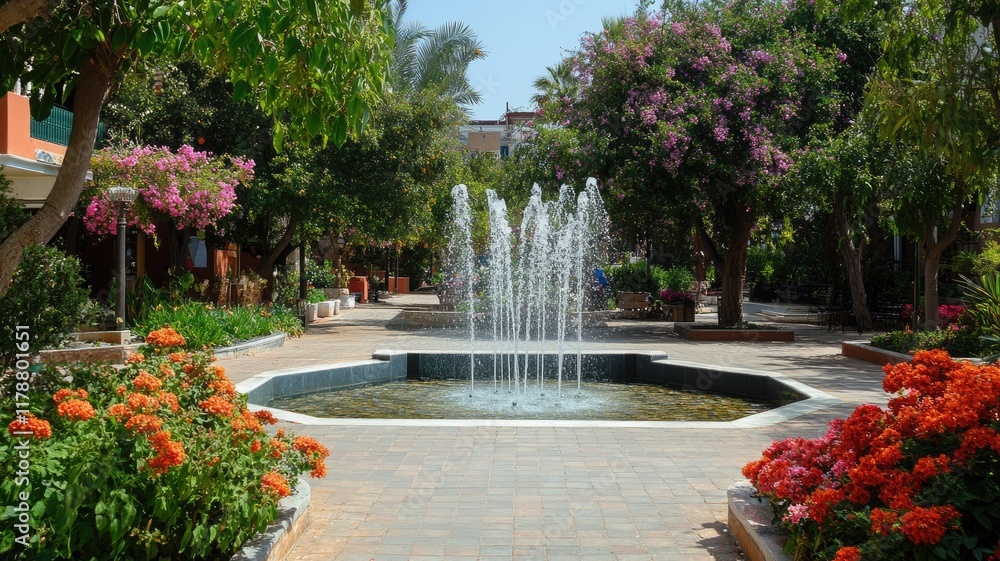 Tranquil park with blooming flowers, trees, and central fountain Tranquil park with blooming flowers, trees, and central fountain
