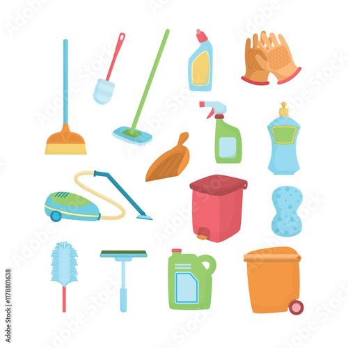 Household Cleaning Tools and Supplies for Daily Chores Collection Hand Drawn Flat
