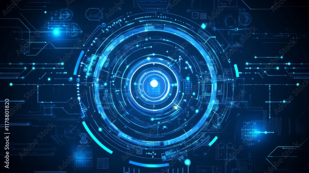 High-tech digital circuit design in blue tones, with interconnected lines and nodes creating a complex network pattern on a dark background High-tech digital circuit design in blue tones, with interconnected lines and nodes creating a complex network pattern on a dark background