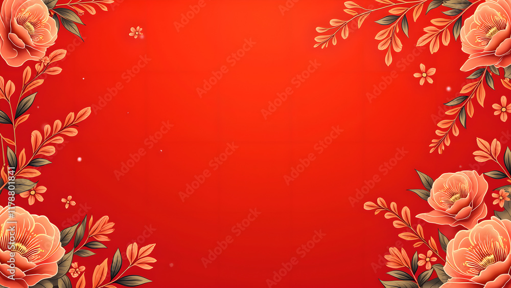 Floral frame on a red background. Concept of celebration, beauty, and elegance. Floral frame on a red background. Concept of celebration, beauty, and elegance.