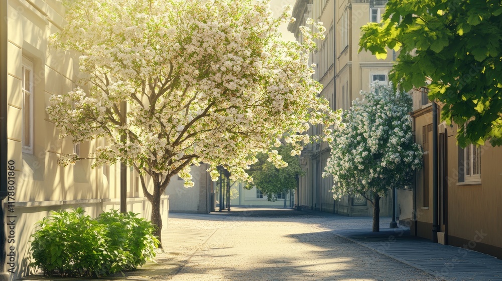 Sunlit street with blossoming trees and historic buildings Sunlit street with blossoming trees and historic buildings