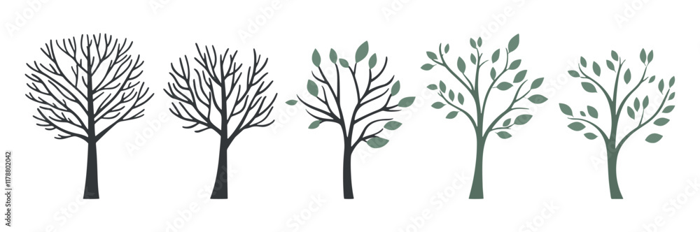 Set of tree and leaf collection hand drawn flat design vector element. botanical set of bare trees and ones with leaves and lush green Set of tree and leaf collection hand drawn flat design vector element. botanical set of bare trees and ones with leaves and lush green
