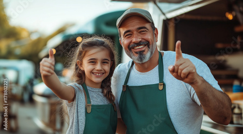 A photo of a happy Latin American  father with his daughter and wife, wearing a green apron, standing in front of a food truck. The father is making a pointing-to-the-sky gesture, conveying a happ photo