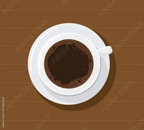 Top view Hot coffee in white cup. vector illustration
