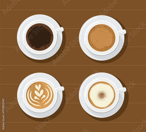 Top view Hot coffee in white cups. vector illustration