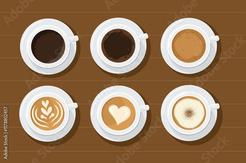 Top view Hot coffee in white cups. vector illustration