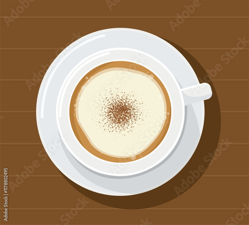 Top view Hot coffee in white cup. vector illustration