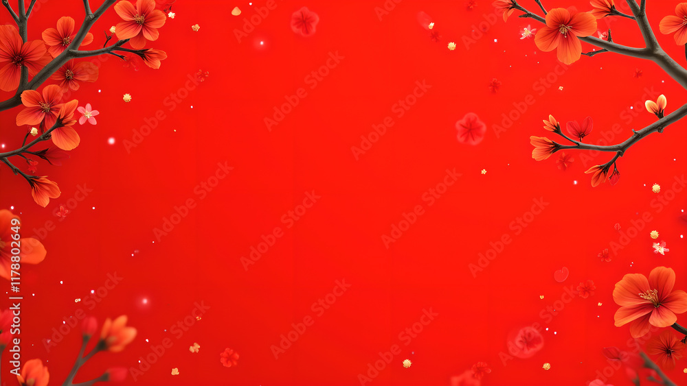 Red background with cherry blossom branches and confetti.  Concept of spring, celebration, and Chinese New Year.