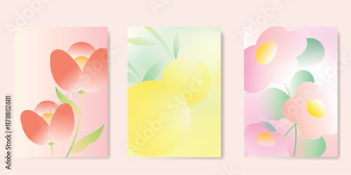 Abstract colorful gradient fruit card background set. Minimalist poster with berry, cherry, dot halftone. Modern summer and spring wallpaper design for home decoration, website, banner, ads.
