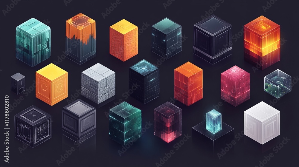 A collection of colorful 3D geometric cubes with various textures on a dark background, perfect for digital art and design projects. A collection of colorful 3D geometric cubes with various textures on a dark background, perfect for digital art and design projects.