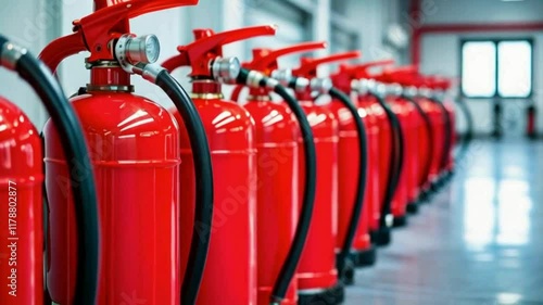 A row of red extinguisher at factory
