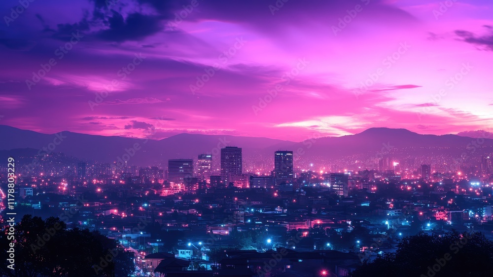 Obraz premium Urban cityscape at dusk with purple and pink sky, illuminated buildings, mountains in background