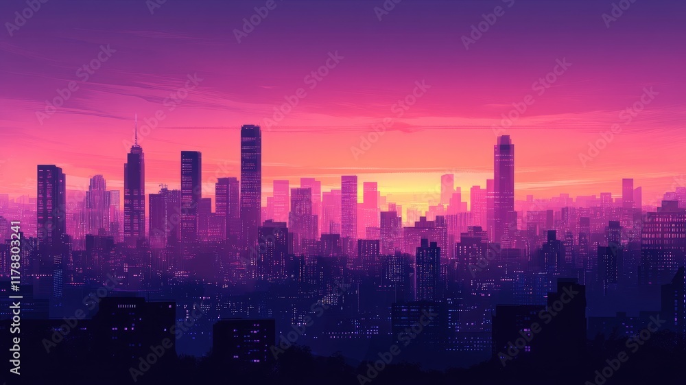 Fototapeta premium Vibrant evening cityscape with colorful sunset, modern buildings, and glowing skyline