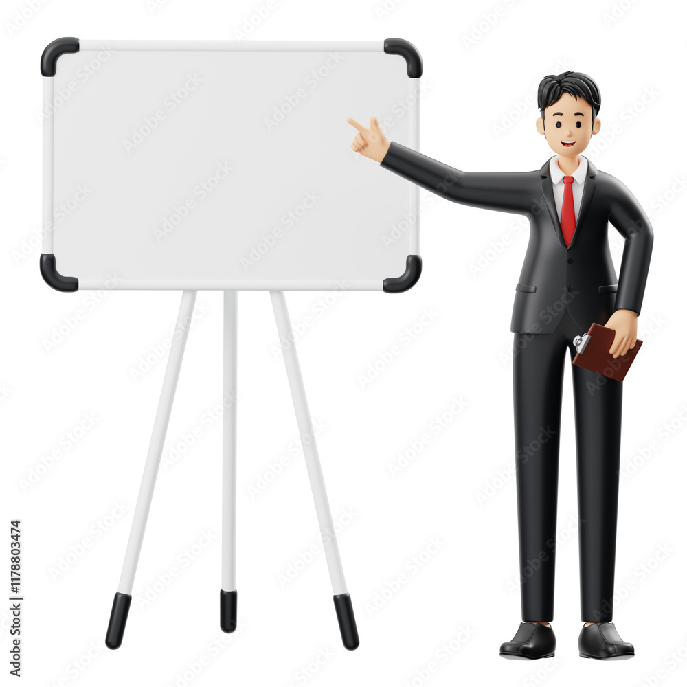 3D Character Man Holding Clipboard While Presenting