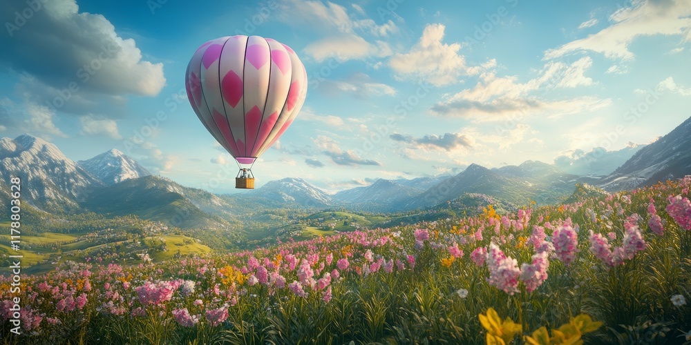 Fototapeta premium A colorful hot air balloon floats above a scenic mountain valley filled with vibrant wildflowers under a clear blue sky.