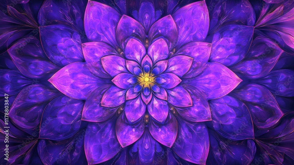 Intricate purple and yellow floral fractal pattern resembling vibrant abstract flower Intricate purple and yellow floral fractal pattern resembling vibrant abstract flower