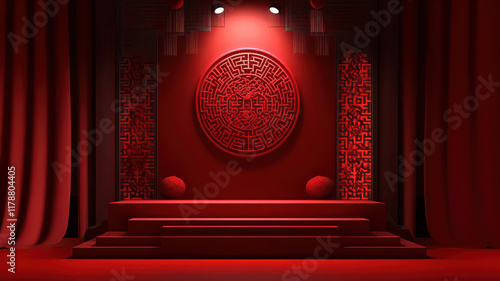 red Podium background for Chinese new year festival decoration, oriental ornament in red background. photo