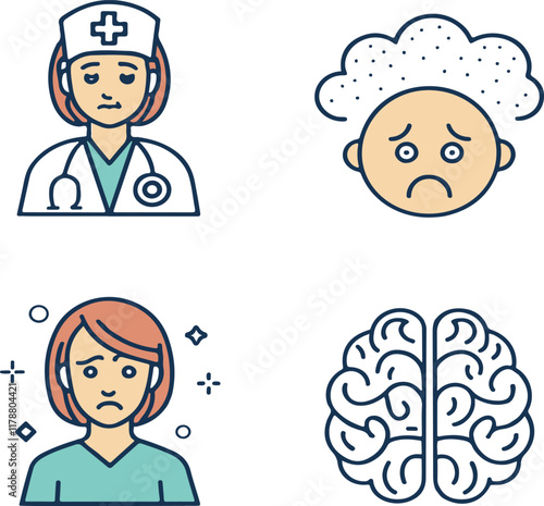 Psychology icon set. Collection of doctor, depression, mind, anxiety and more. Vector illustration. Editable Stroke.